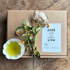 Comins tea advent calendar with mug of tea and plant.