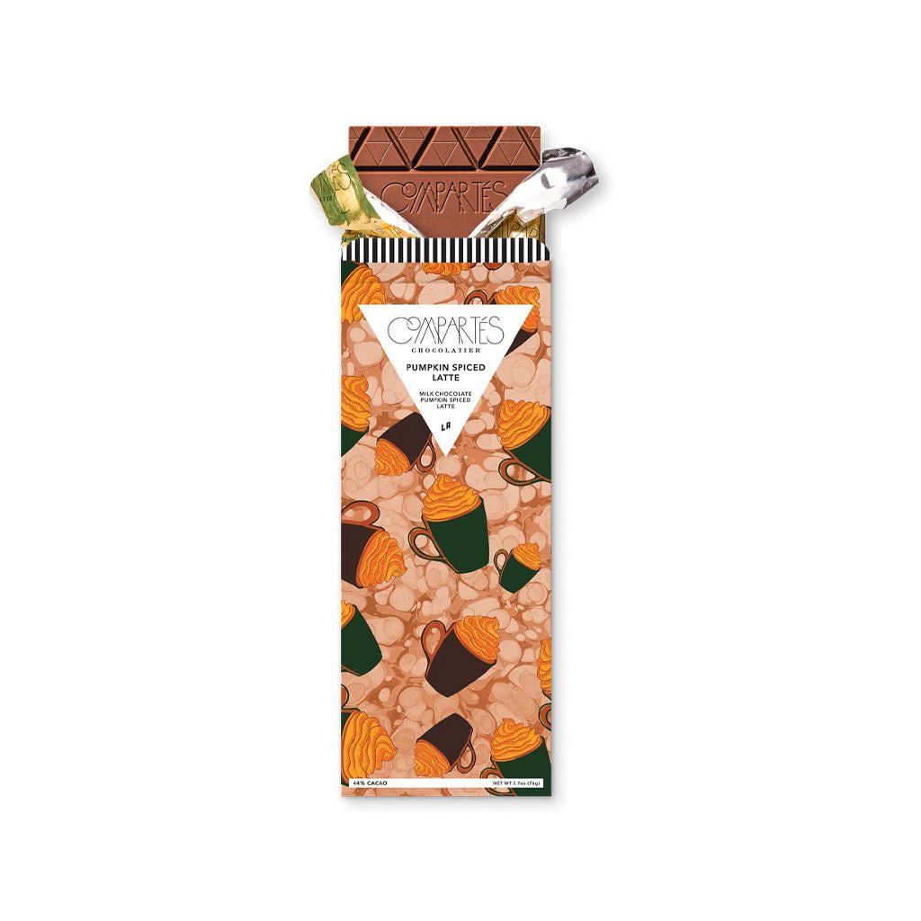 Pumpkin Spiced Latte chocolate bar open in decorative packaging.