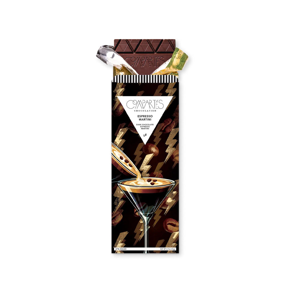 An espresso martini chocolate bar in gold foil inside packaging.