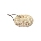Beige cotton bath sponge loofah with a brown string on a white background