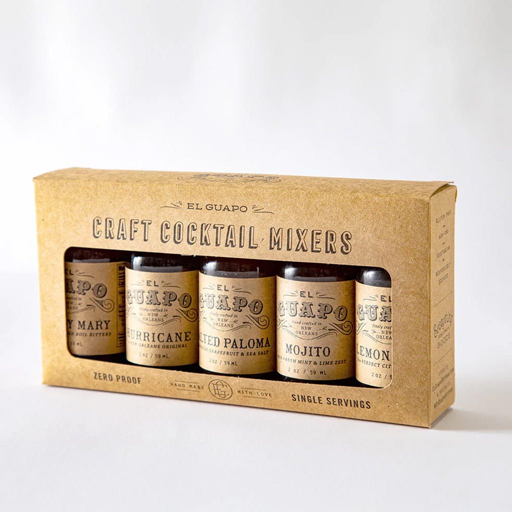 Box of El Guapo craft cocktail mixers on a white background