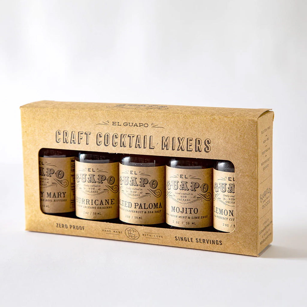 Box of El Guapo craft cocktail mixers on a white background