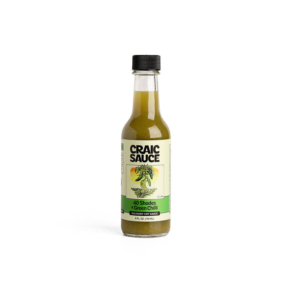 A bottle of Craic Sauce 40 Shades of Green Chilli hot sauce.