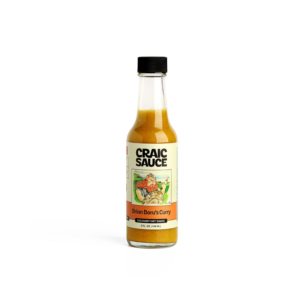 A bottle of Craic Sauce Brian Boru's Curry hot sauce.