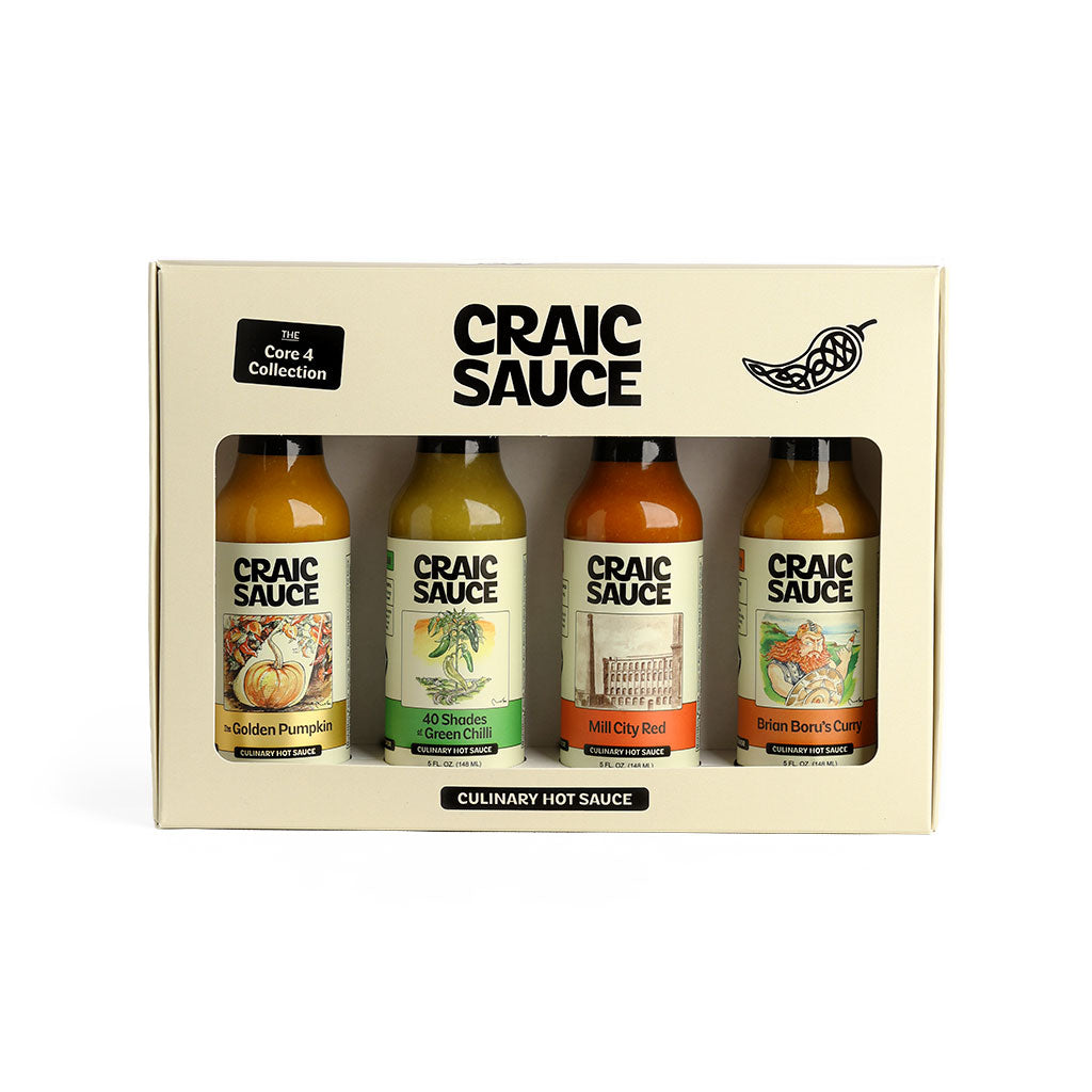 Craic Sauce Hot Sauce 4-piece gift set in a cream-colored cardboard box displaying four different hot sauce bottles.