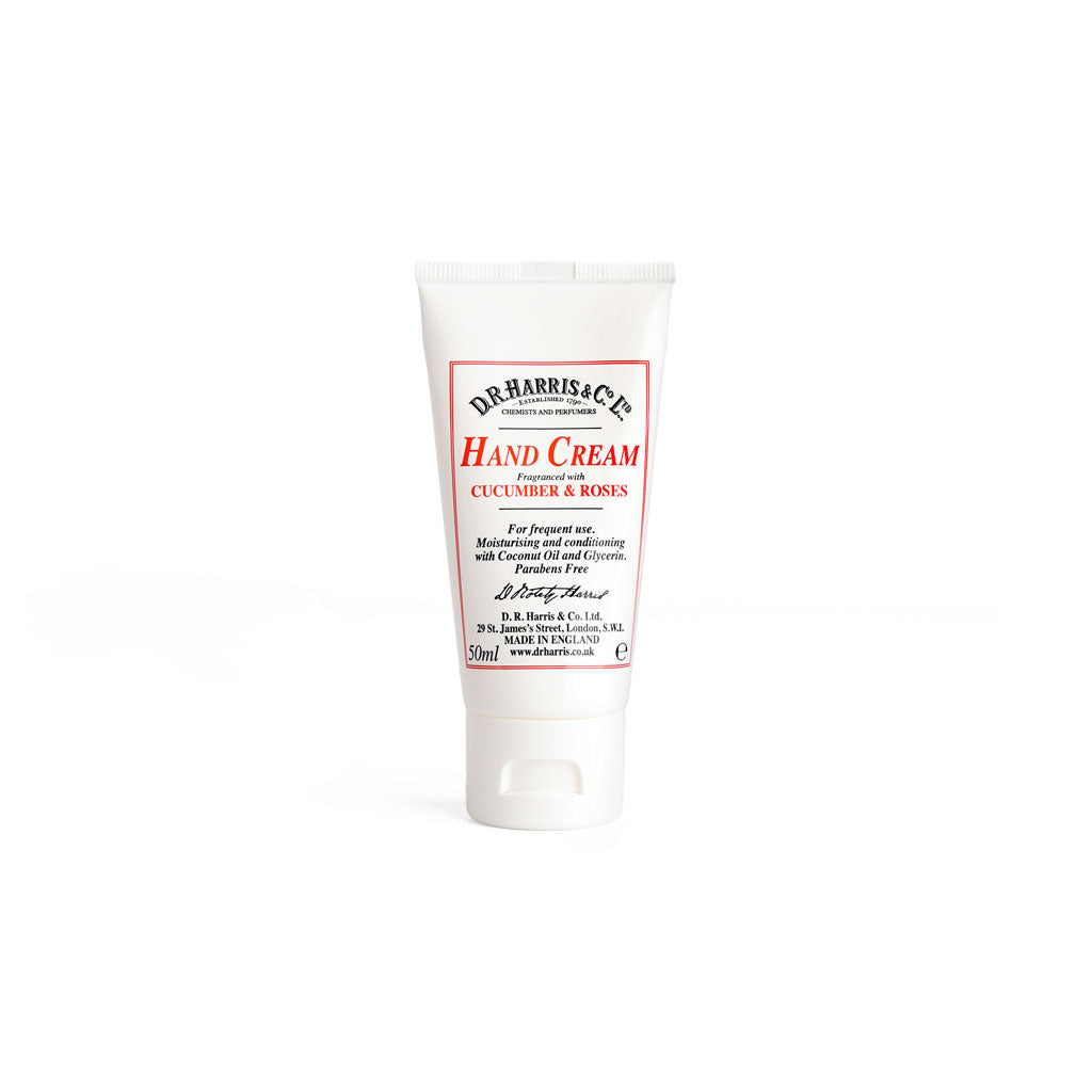 D.R. Harris cucumber & roses hand cream tube on a white background