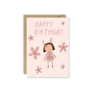 Illustration of a child wearing pink bunny ears surrounded by pink flowers with text that reads happy birthday