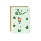 Illustration of a child wearing a frog hat, surrounded by floral lily pads, with text that reads happy birthday