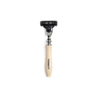 Chrome razor with imitation ivory handle and D.R. Harris branding on white background