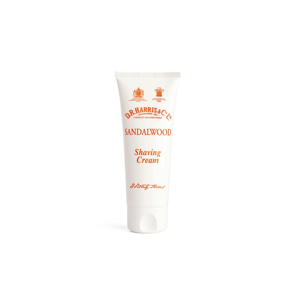 Dr. Harris Sandalwood Shaving Cream tube on a white background