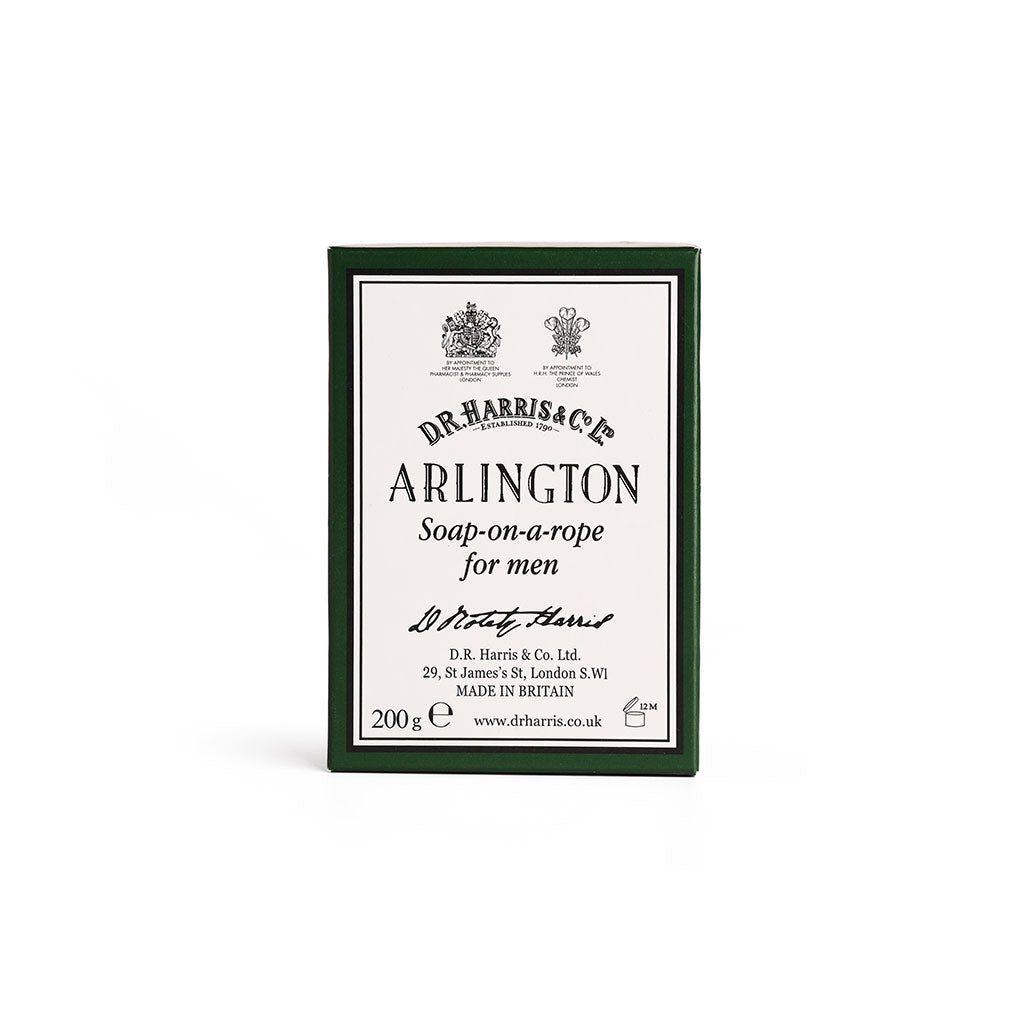 Box of Arlington soap on a rope on a white background