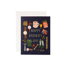 A navy-colored greeting card with illustrations of a watch, tie, and other items, celebrating Father's Day. Includes a white envelope.