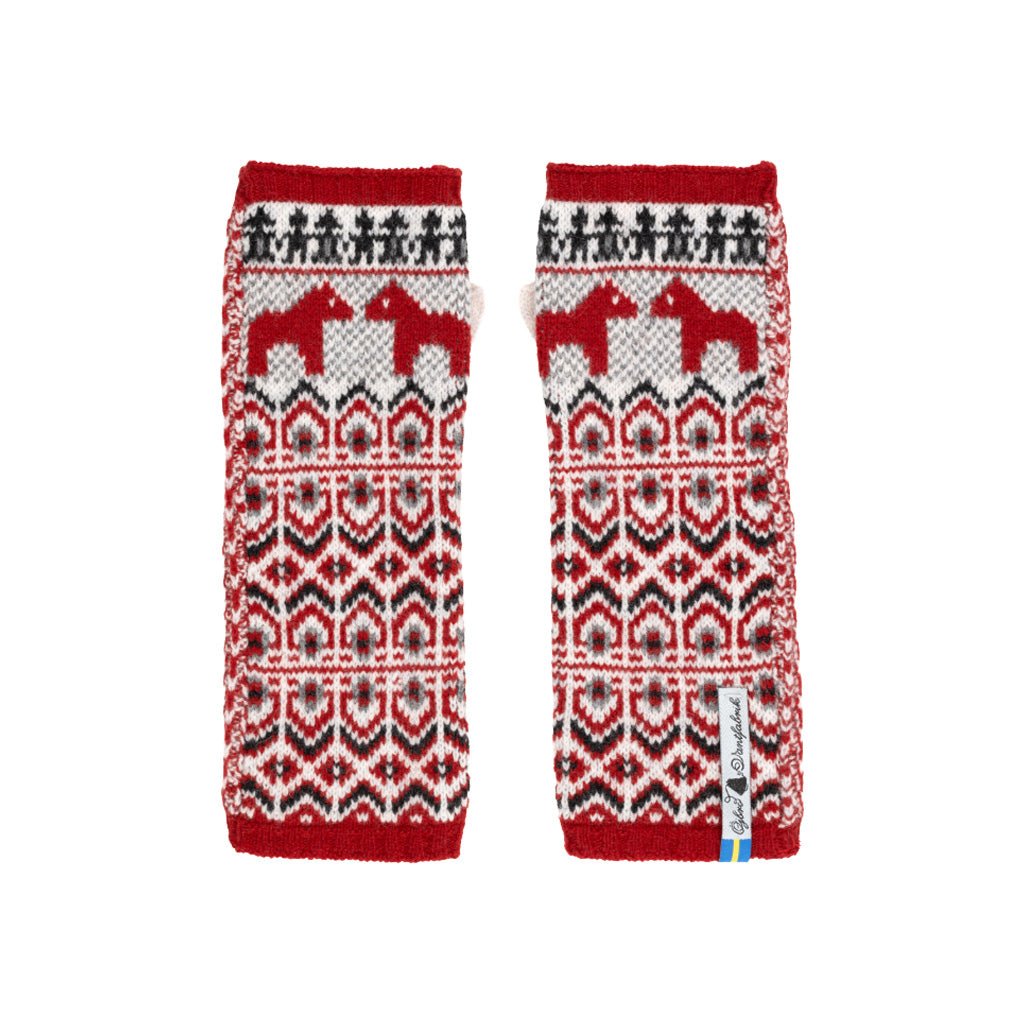 A pair of red, white, and black knit wrist warmers featuring a traditional Nordic pattern with red horses and geometric designs, displayed flat against a white background.