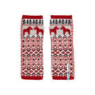 A pair of red, white, and black knit wrist warmers featuring a traditional Nordic pattern with red horses and geometric designs, displayed flat against a white background.