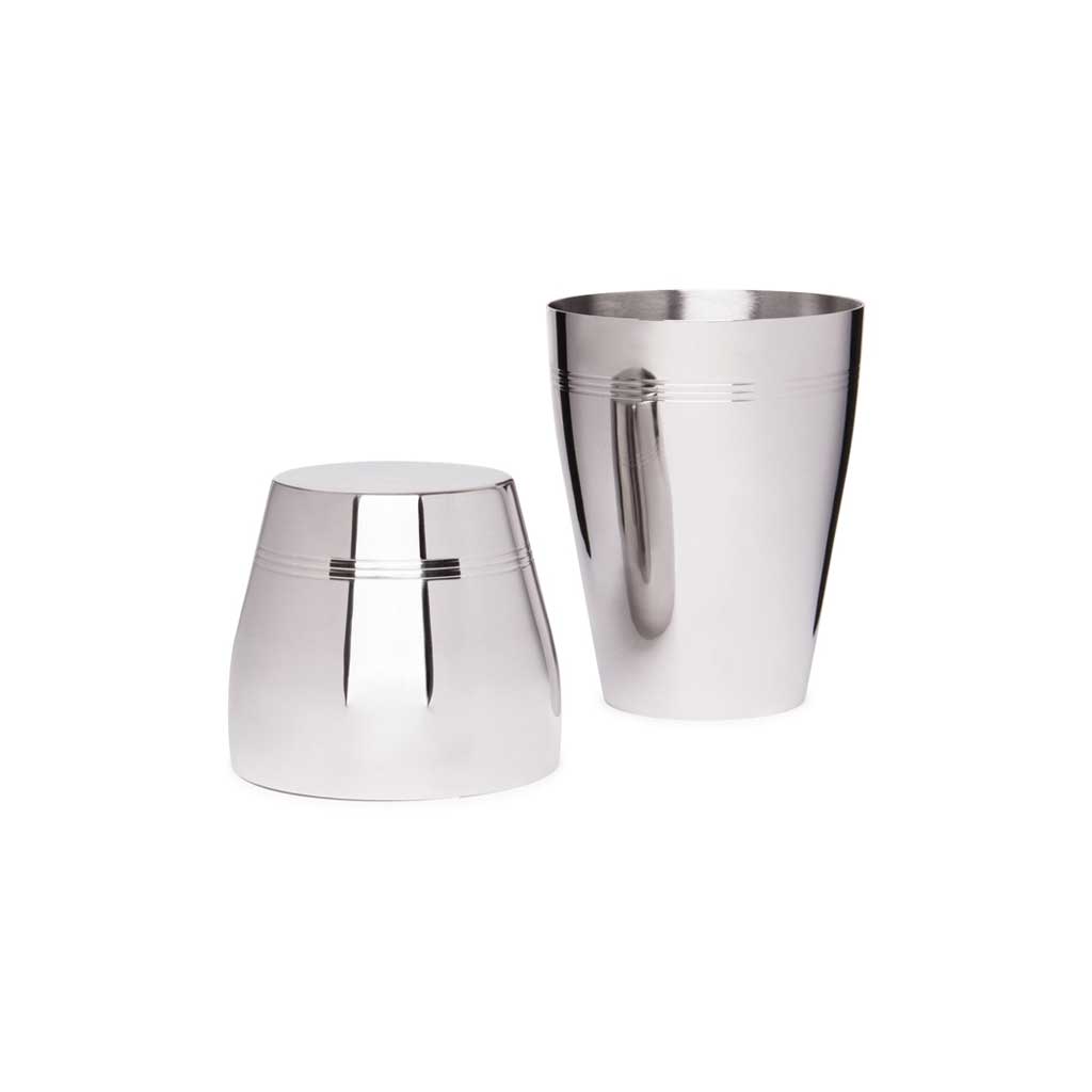 Stainless steel cocktail shaker taken apart on white background