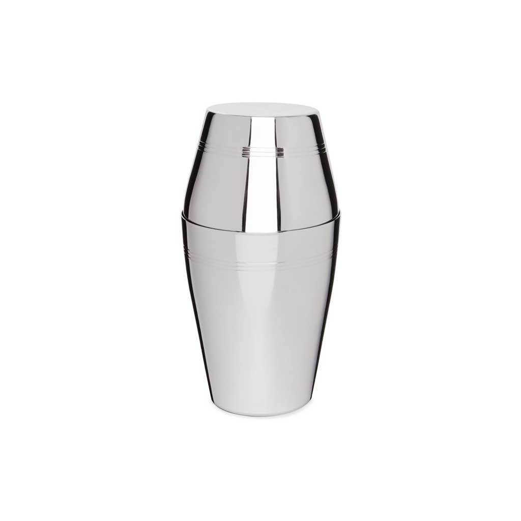 Stainless steel cocktail shaker on a white background