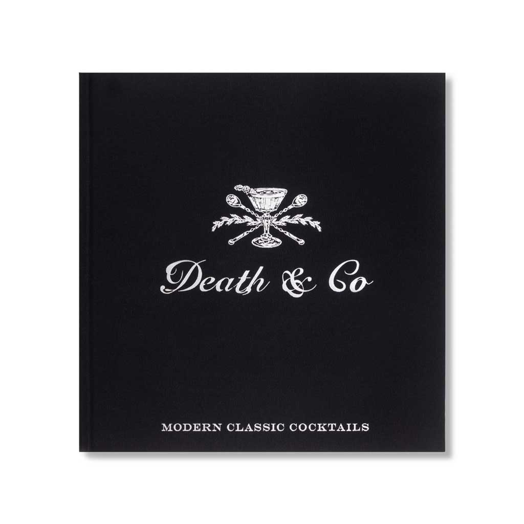 Black book titled 'Death & Co: Modern Classic Cocktails' with a white logo on a white background