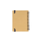 A small notebook with a tan back cover, black spiral binding on the right side, and a dark blue elastic with gold-toned grommets on the left side, shown on a plain white background.