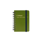 An olive green hardcover spiral notebook with a dark blue elastic closure band and silver wire binding, featuring the Rollbahn logo on the front cover.