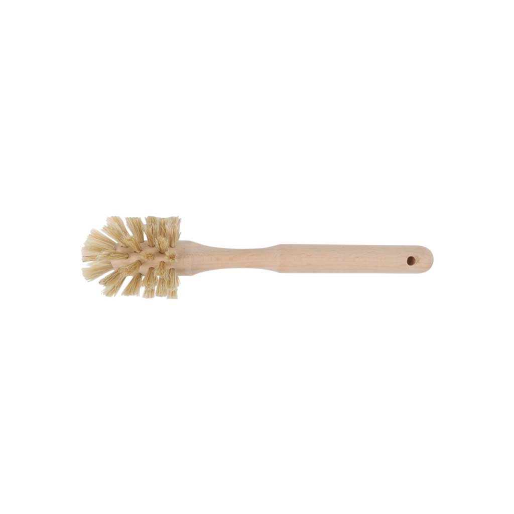 Small wooden demitasse bottle brush with horsehair fibers on white background