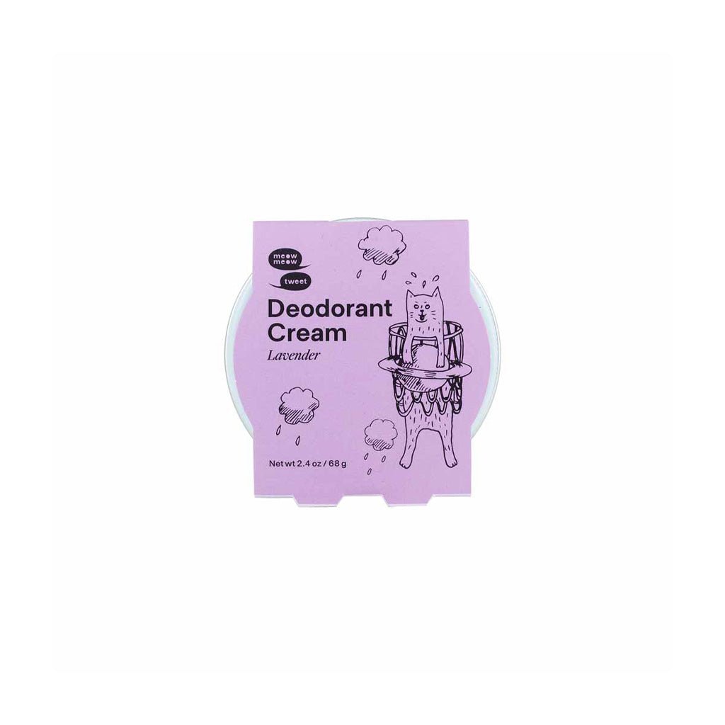Purple packaging of lavender deodorant cream with cartoon cat design on a white background