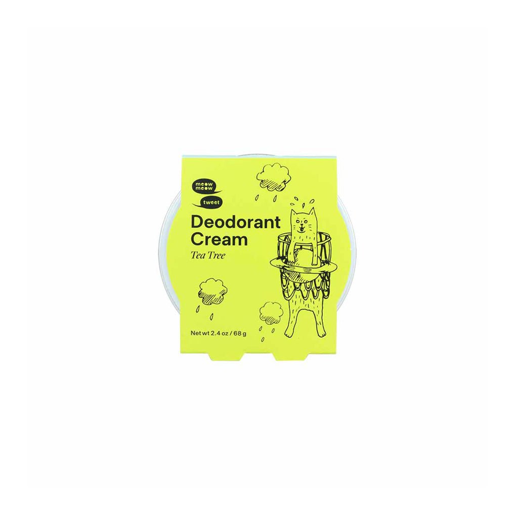 Tea tree deodorant cream packaging with a bright yellow label on a white background