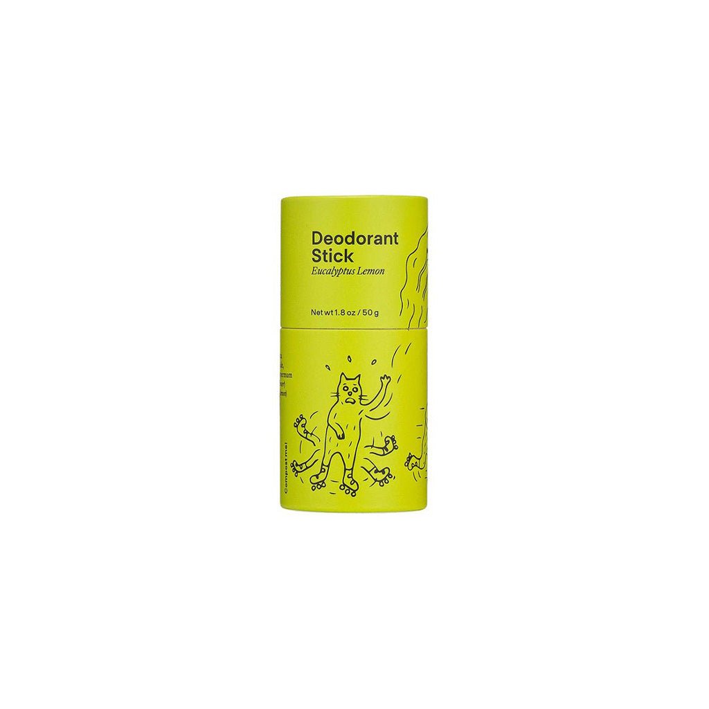 Yellow eucalyptus lemon deodorant stick packaging with cartoon design on a white background