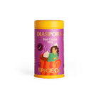 Diaspora Spice Co. Hot Cocoa Mix canister with yellow lid and illustration of a woman in a cup of cocoa.