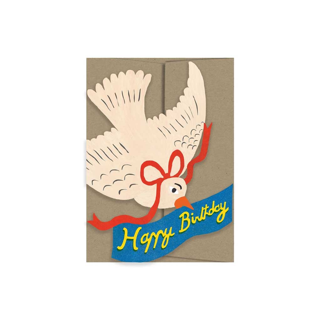 Die-cut bird card with the text happy birthday