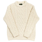 Cream-colored cable knit sweater on a white background