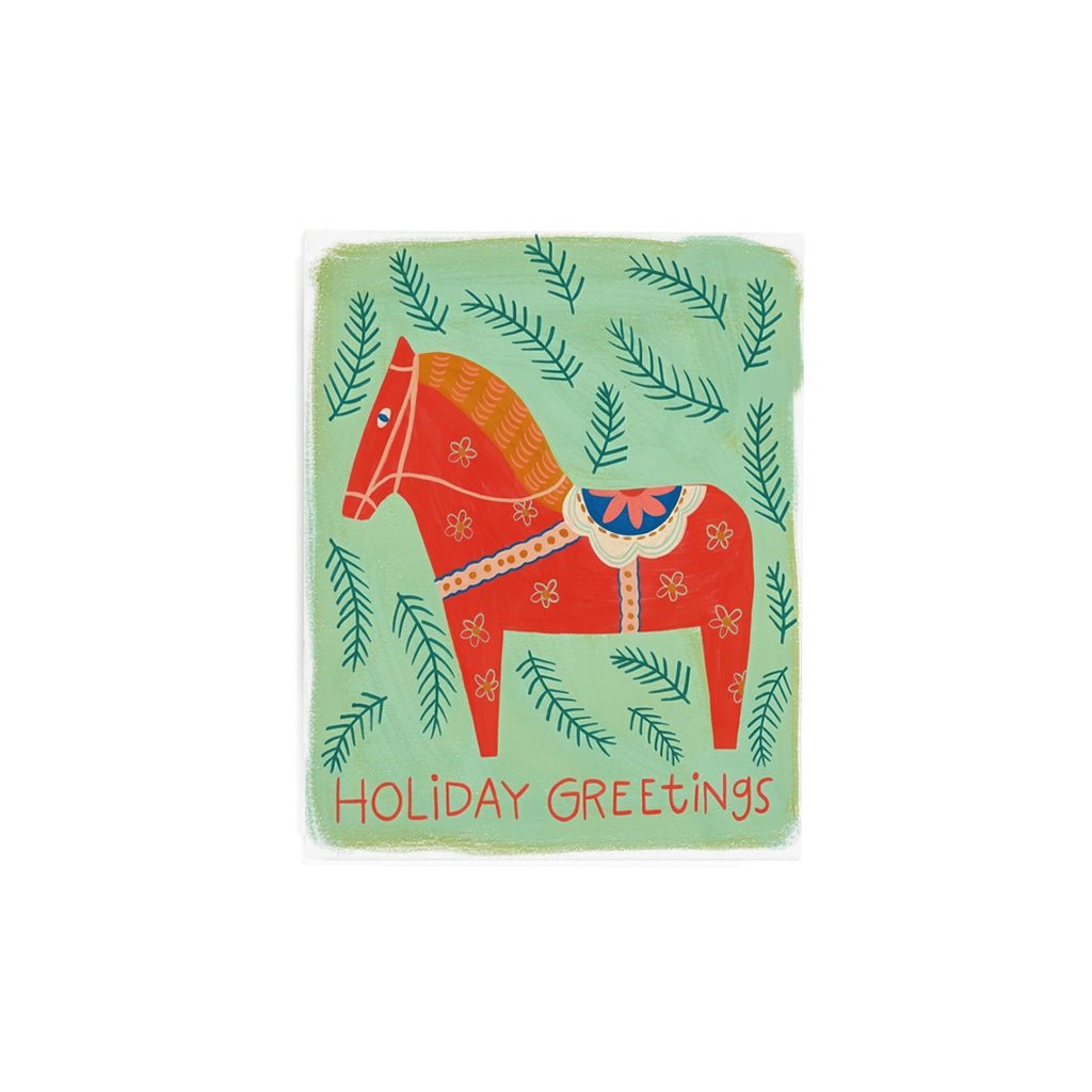 Holiday card with illustrated scandinavian dala horse.
