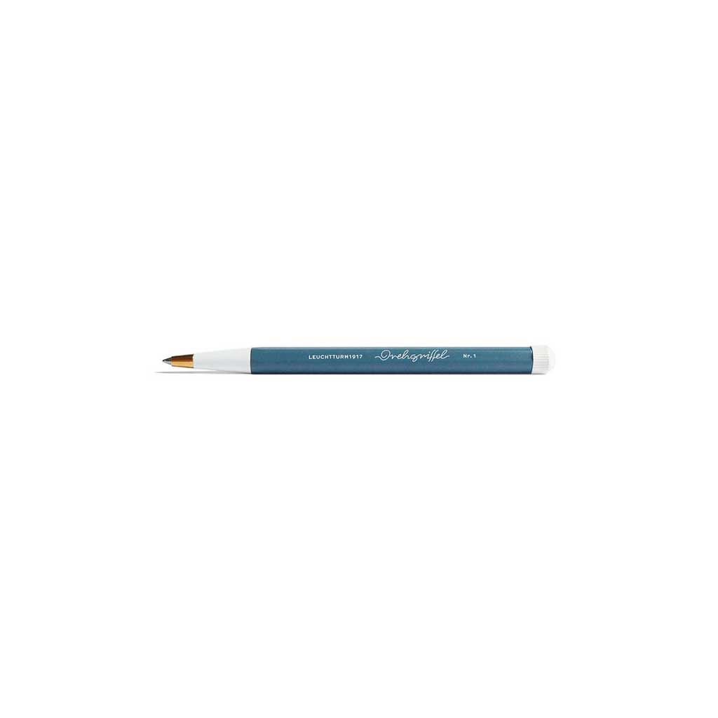 Blue pen with white accents on a white background