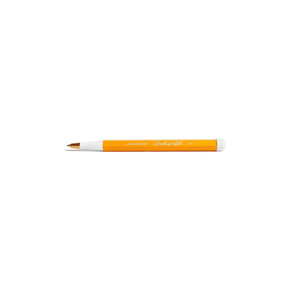 Pen with orange body and white cap on a white background
