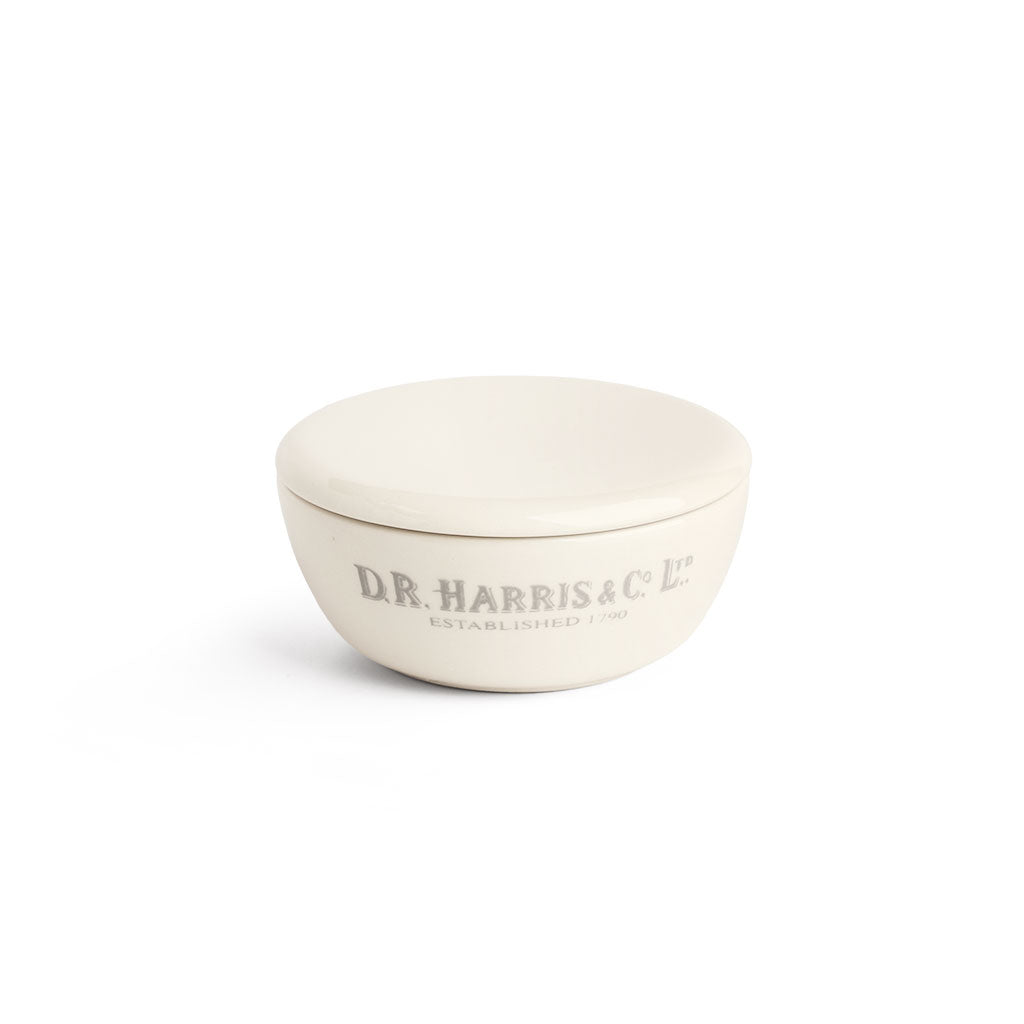 Earthenware shaving soap bowl with D.R. Harris logo on white background