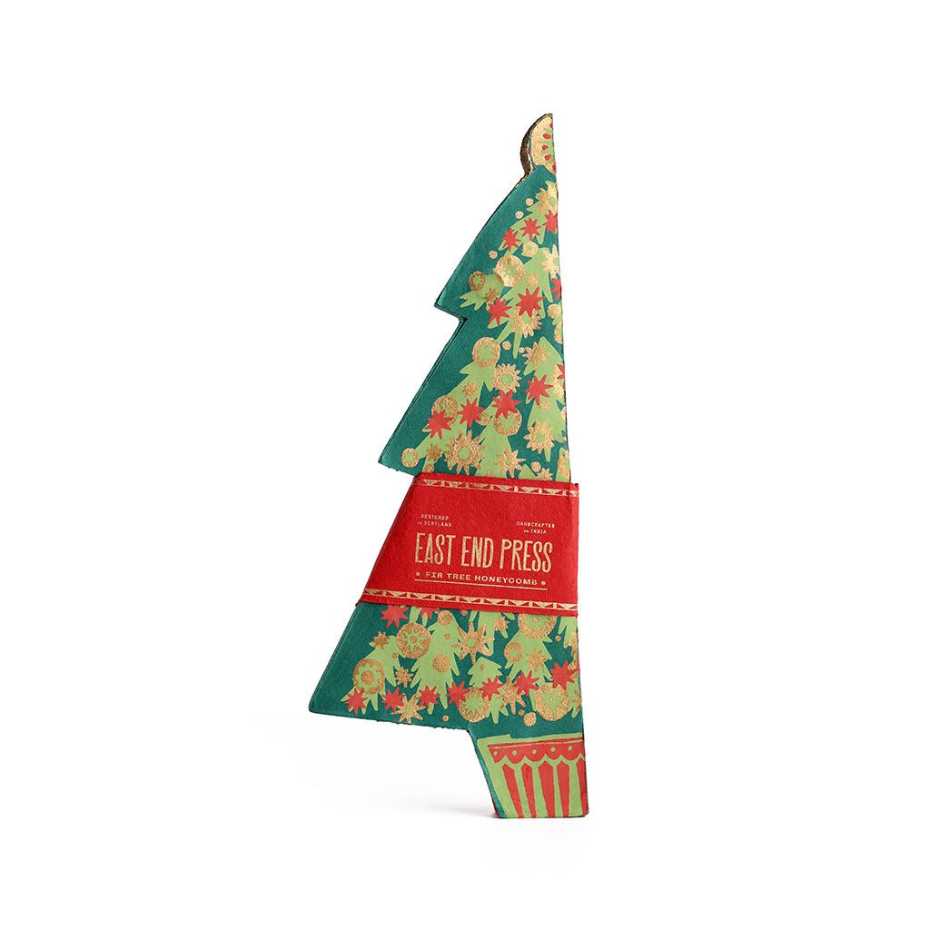 East End Press honeycomb fir tree decoration with festive red, gold, and green patterns.