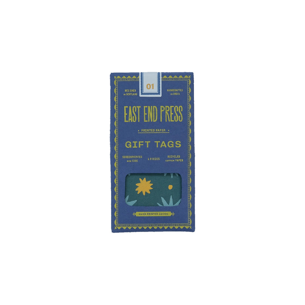 Blue box of patterned gift tags.