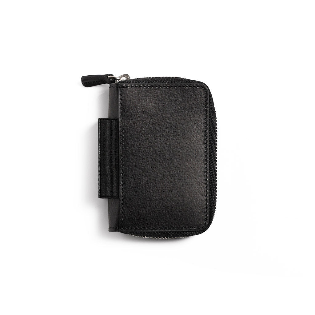 Black leather wallet with a zipper on a white background