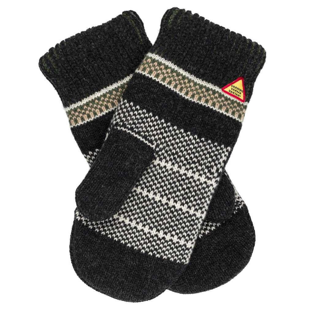 Pair of black and gray patterned mittens with a brand logo on a white background