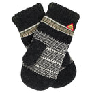 Pair of black and gray patterned mittens with a brand logo on a white background
