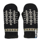 Pair of black mittens with white pattern on a white background