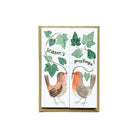 A closed card with illustrations and the message "Season's Greetings" in front of a kraft paper envelope.