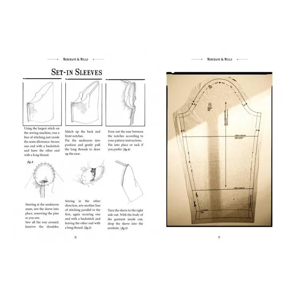 Textbook page with sewing instructions and diagrams for set-in sleeves on a white background.
