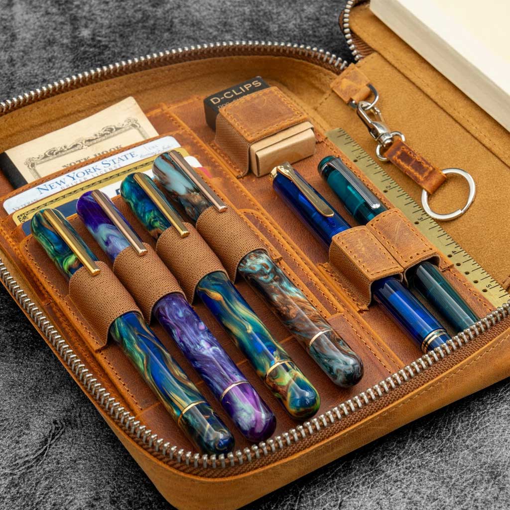 Set of pens with colorful barrels in a brown leather case on a gray surface