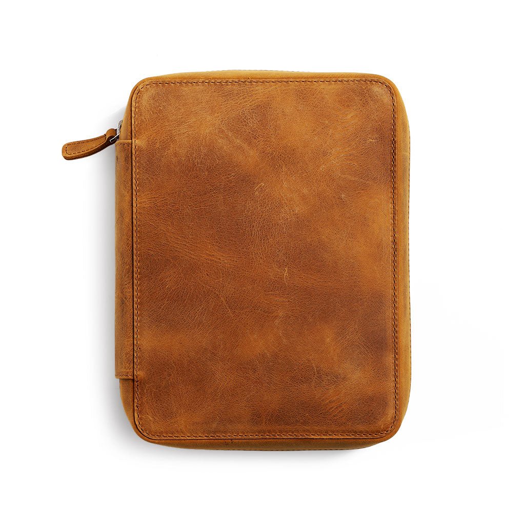 Crazy horse brown leather folio zippered pouch on white background