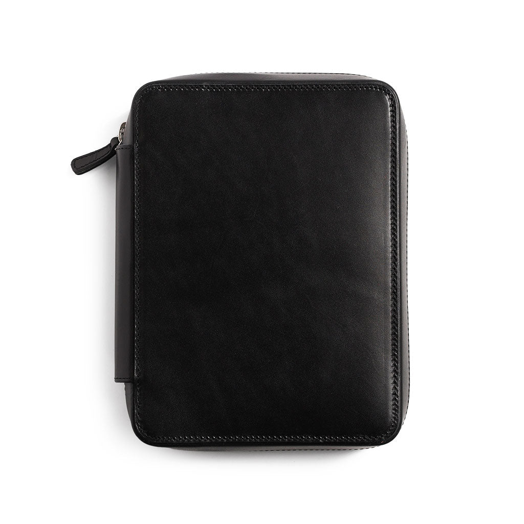 Black leather folio zippered pouch on white background