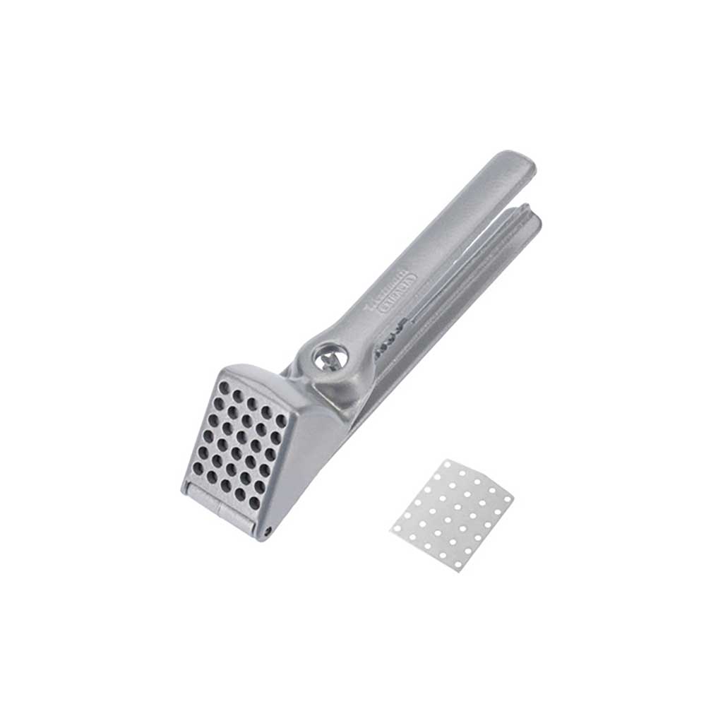Metal garlic press on a white background