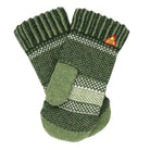 Green knitted mittens with a warning triangle label on a white background