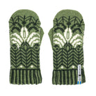 Pair of green knitted mittens with a pattern on a white background