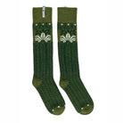 Pair of green knee-high socks with a pattern on a white background