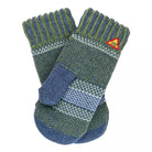 Pair of blue and green striped mittens with a brand logo on a white background